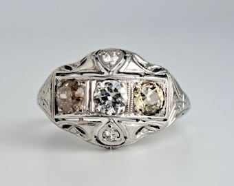 Art Deco Old European Cut Diamond Princess Ring in 18K White Gold