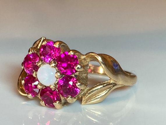 Antique Pink Ruby Opal Flower Ring in Yellow Gold - image 5