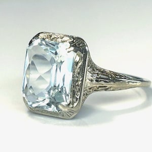 Art Deco Emerald Cut Aquamarine Ring in 14K White Gold