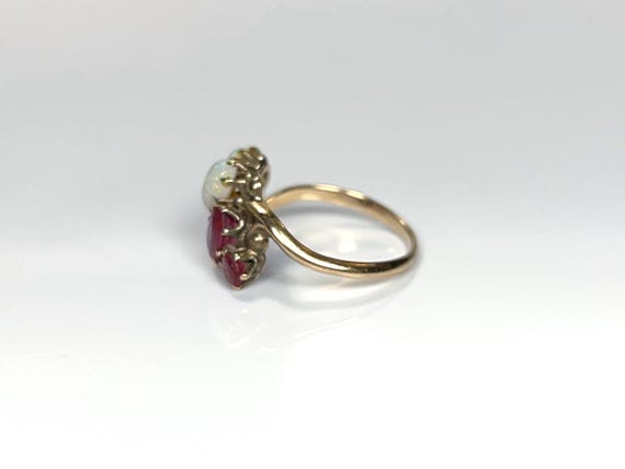Art Nouveau Oval Opal Ruby Ring in 10K Yellow Gold - image 5