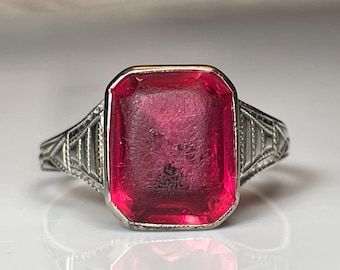 Art Deco Bezel Set Ruby Paste Ring in 10K White Gold