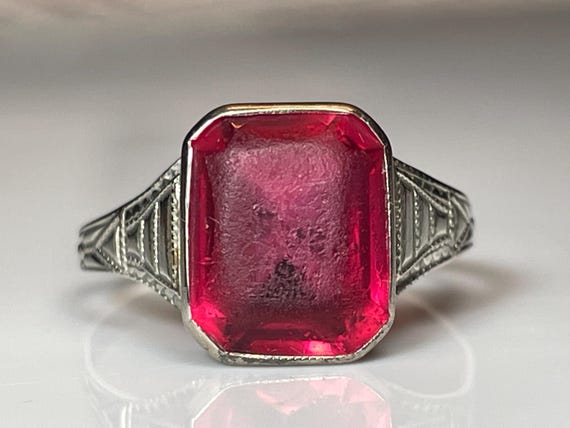 Art Deco Bezel Set Ruby Paste Ring in 10K White G… - image 1