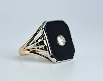 Art Deco Schwarzer Onyx Diamant Ring in 10K zweifarbigem Gold