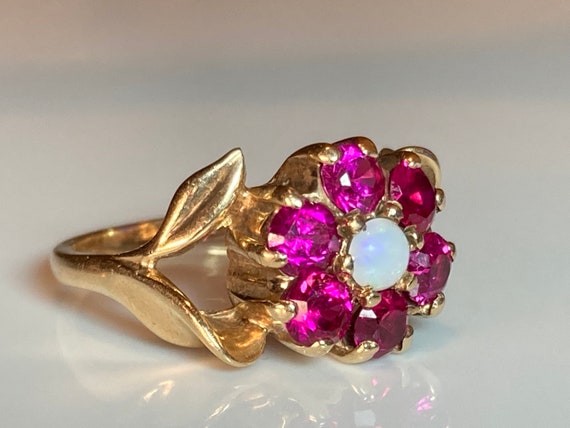 Antique Pink Ruby Opal Flower Ring in Yellow Gold - image 2