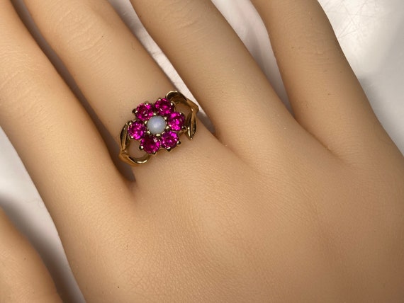 Antique Pink Ruby Opal Flower Ring in Yellow Gold - image 7