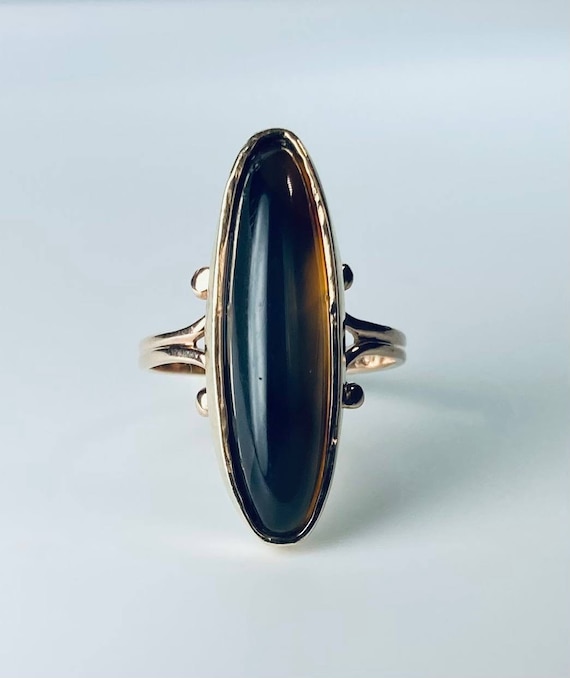 Antique Victorian Banded Agate Navette Ring in 9K… - image 1