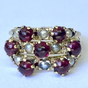 Victorian Harem Band of Garnets and Seed Pearls in 14K Yellow Gold