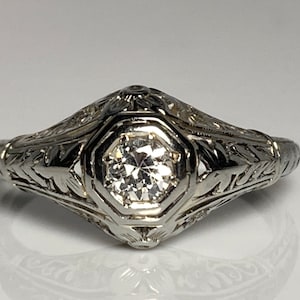 BELAIS .30ct Art Deco 18K Transitional Cut Diamond Ring in White Gold Filigree