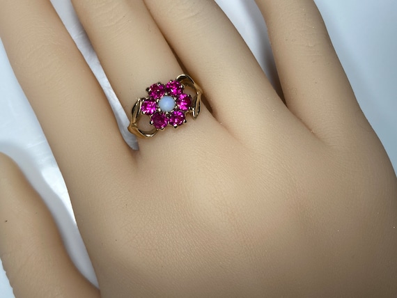 Antique Pink Ruby Opal Flower Ring in Yellow Gold - image 9