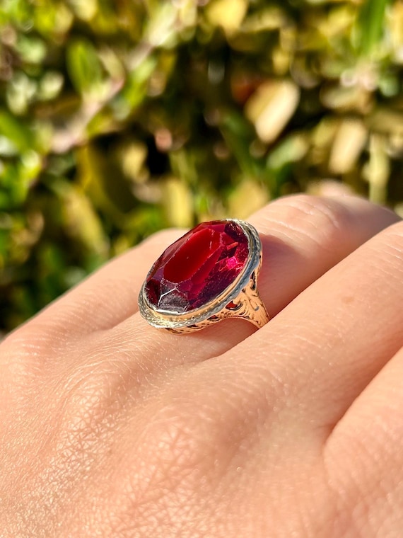 Edwardian Bezel Mount Large Ruby Paste Ring in 10… - image 11
