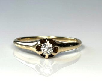 Antique Mine Cut Diamond Belcher Mount Ring in 14K Gold