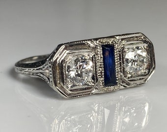 BELAIS Art Deco Sapphire Old European Cut Diamond Ring in 18K White Gold