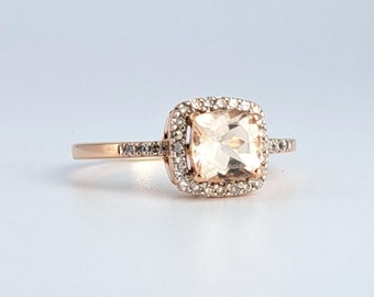 Vintage Cushion Cut Morganite Diamond Halo Ring in 10K Rose Gold