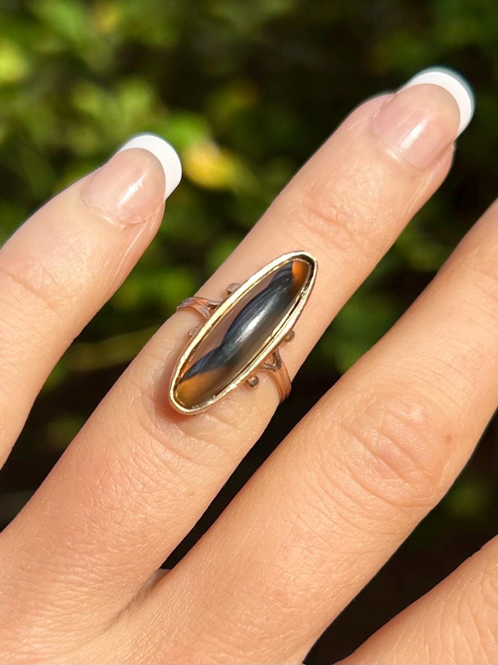 Bague Vintage En Or Jaune 10k Avec Agate Blanche Et Noire Marquise - Taille US 4 - Occasion