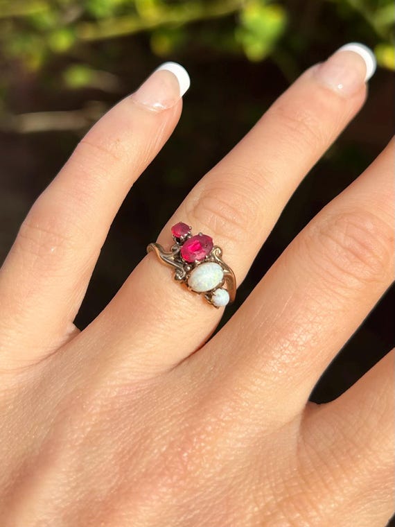 Art Nouveau Oval Opal Ruby Ring in 10K Yellow Gold - image 11