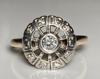 Art Deco Old European Cut Diamond Wagon Wheel Ring in Two Tone 14K Gold