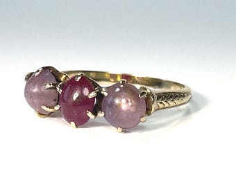 Victorian Star Ruby Past Present Future Ring in 14K Yellow Gold