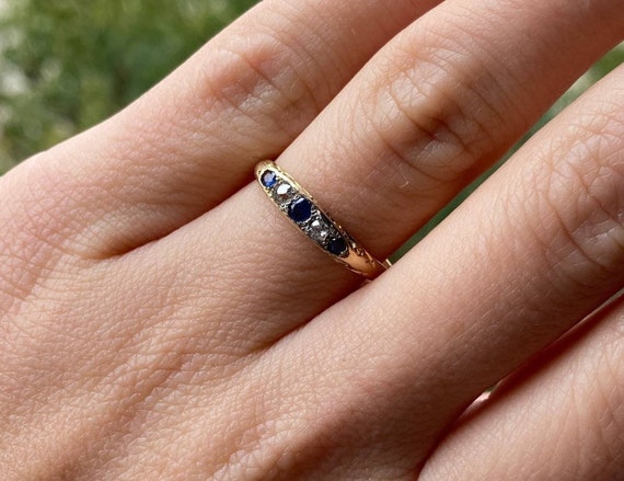 Antique Sapphire Mine Cut Diamond Ring in 18K Yel… - image 4