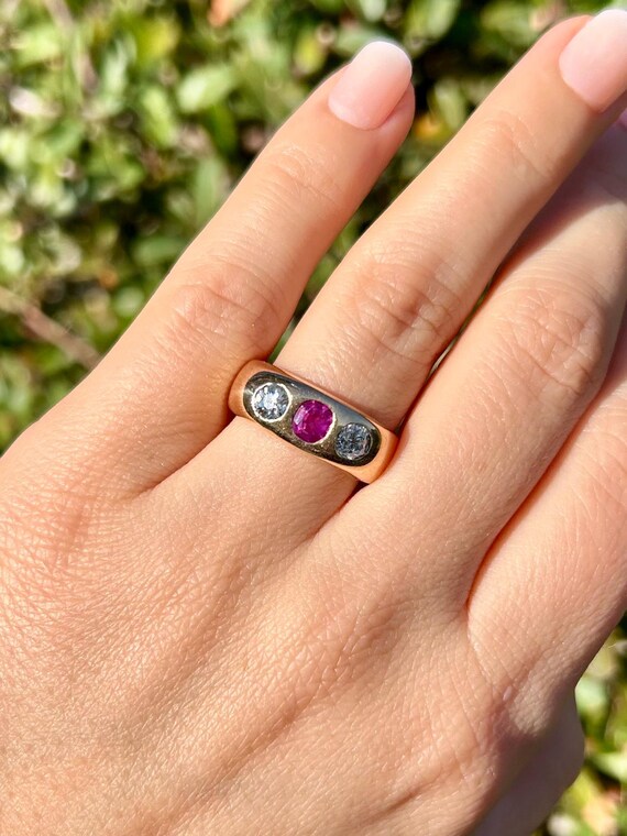 Heavy Antique Dated 1893 Ruby Mine Cut Diamond Gy… - image 13