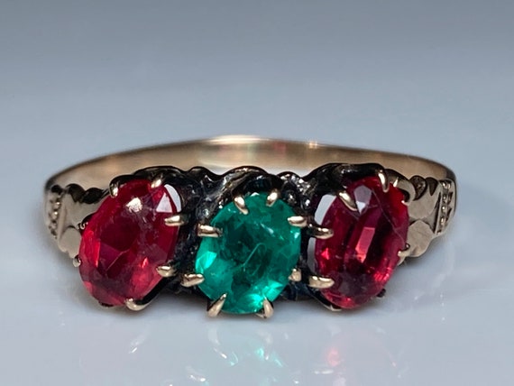 Antique Emerald and Ruby Paste Ring in Yellow Gol… - image 1