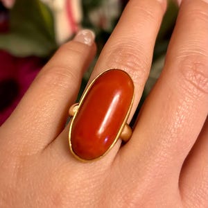 May include: A gold ring featuring a large, oval-shaped, polished red coral stone. The coral is set in a gold bezel, creating a striking contrast. The ring's band is also gold, completing the elegant design. A close-up shot highlights the ring's details.