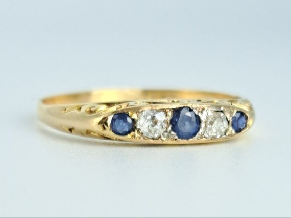 Antique Sapphire Mine Cut Diamond Ring in 18K Yel… - image 2