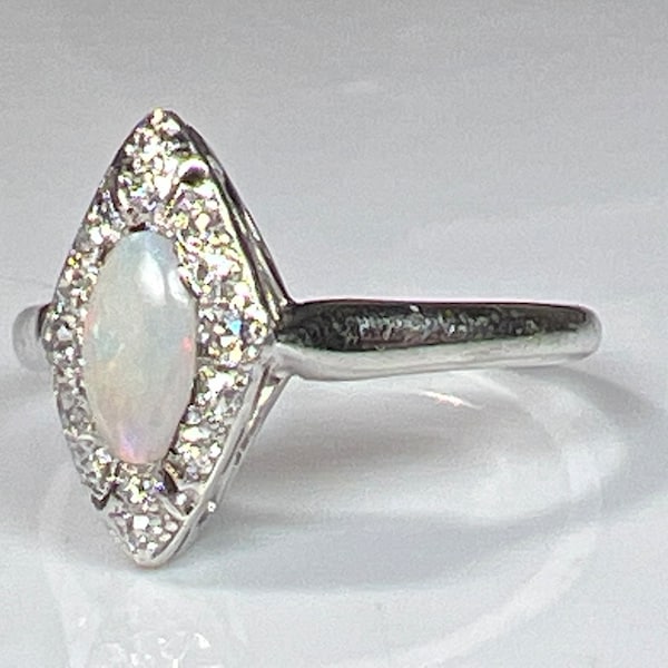 Art Deco Opal Old European Cut Diamond Navette Ring in 14K White Gold