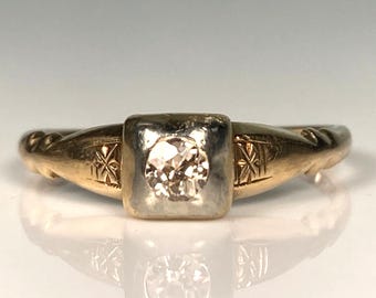 Antique Transitional Cut Diamond Ring with Blossoms in 14K Yellow Gold