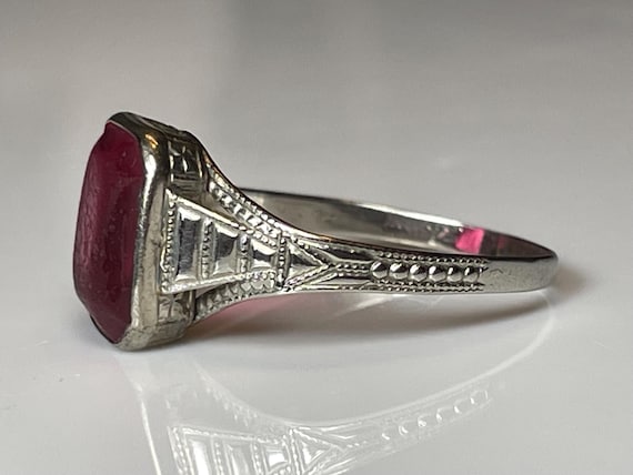 Art Deco Bezel Set Ruby Paste Ring in 10K White G… - image 8