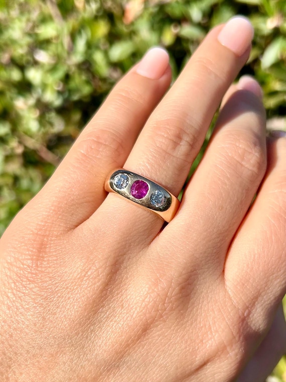 Heavy Antique Dated 1893 Ruby Mine Cut Diamond Gy… - image 12