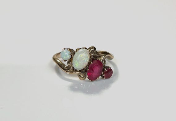 Art Nouveau Oval Opal Ruby Ring in 10K Yellow Gold - image 1