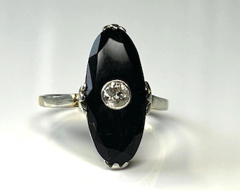 Antiker Altschliff Diamant Onyx Ring in zweifarbigem 18K Gold