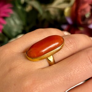 May include: A gold ring featuring a large, oval-shaped, polished red gemstone. The gemstone is set in a gold bezel and mounted on a simple gold band. The ring is shown on a hand, with a blurred floral background.