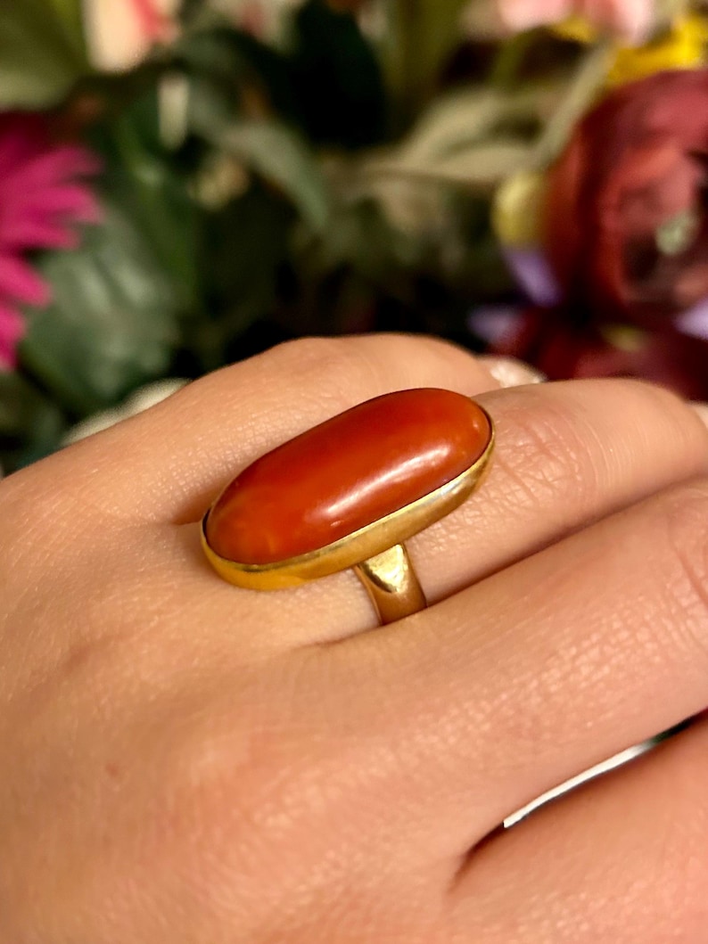 May include: A gold ring featuring a large, oval-shaped, polished red gemstone. The gemstone is set in a gold bezel and mounted on a simple gold band. The ring is shown on a hand, with a blurred floral background.