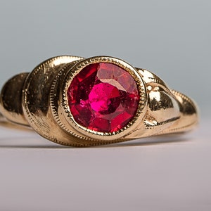 Antique Cathedral Mount Ruby Paste Ring in Yellow Gold Victorian Era