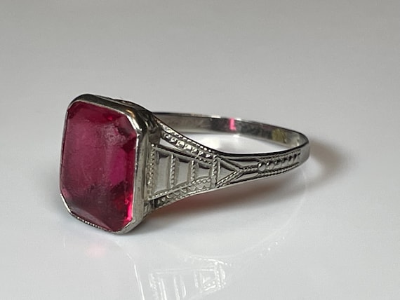 Art Deco Bezel Set Ruby Paste Ring in 10K White G… - image 5