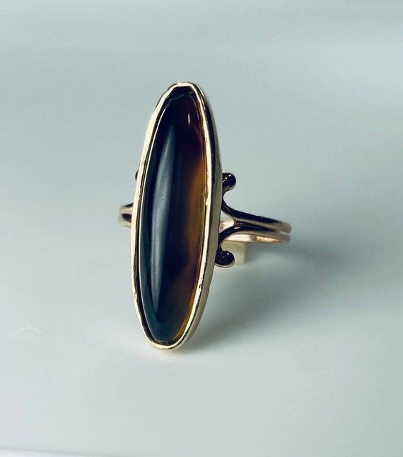 Antique Victorian Banded Agate Navette Ring in 9K… - image 8