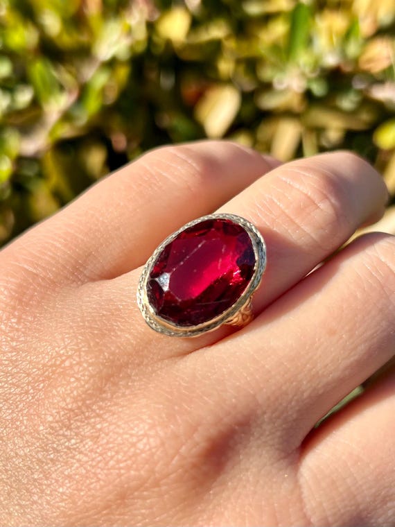 Edwardian Bezel Mount Large Ruby Paste Ring in 10… - image 12