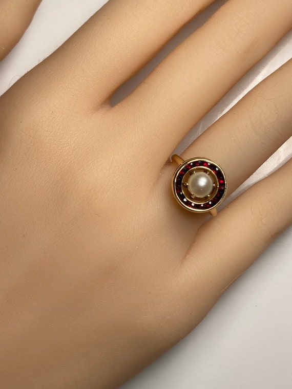 Art Deco Halo Bohemian Garnet Pearl Target Ring i… - image 10