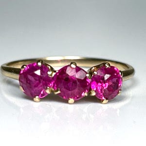 Antique Low Rise Triple Ruby Ring in 10K Yellow Gold Edwardian Era