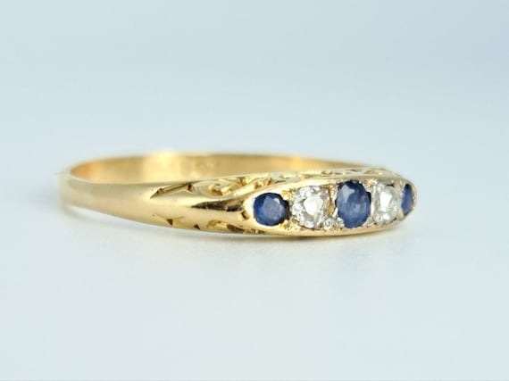 Antique Sapphire Mine Cut Diamond Ring in 18K Yel… - image 6