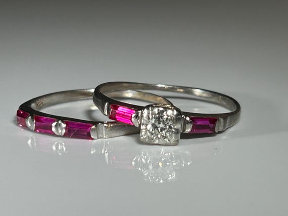 Art Deco Transitional Cut Diamond Ruby Baguette R… - image 1