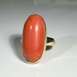 May include: A gold ring featuring a large, oval-shaped coral stone. The coral is a vibrant reddish-orange color, set in a gold band. The ring's design is simple, highlighting the natural beauty of the coral.