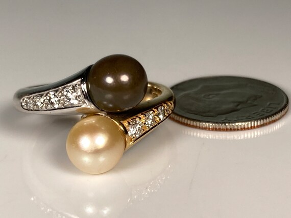 Vintage 18K Gold Two Tone Brown and White Pearl D… - image 3