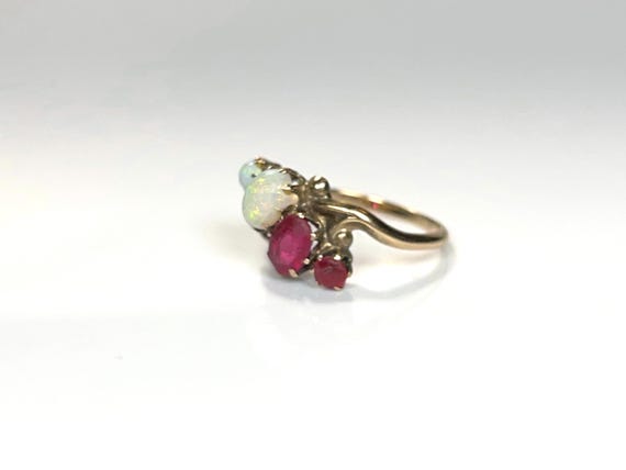 Art Nouveau Oval Opal Ruby Ring in 10K Yellow Gold - image 2