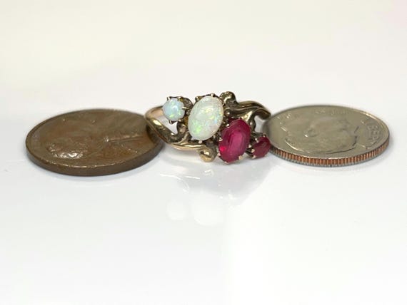 Art Nouveau Oval Opal Ruby Ring in 10K Yellow Gold - image 8