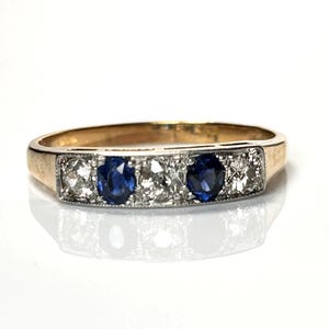 NDa - Antique Mine Cut Diamond and Sapphire Ring in 14K Yellow Gold Edwardian Era