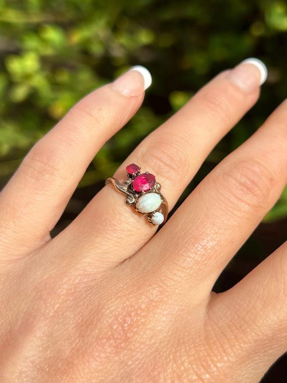 Art Nouveau Oval Opal Ruby Ring in 10K Yellow Gold - image 10