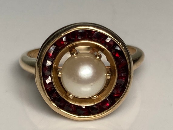 Art Deco Halo Bohemian Garnet Pearl Target Ring i… - image 7