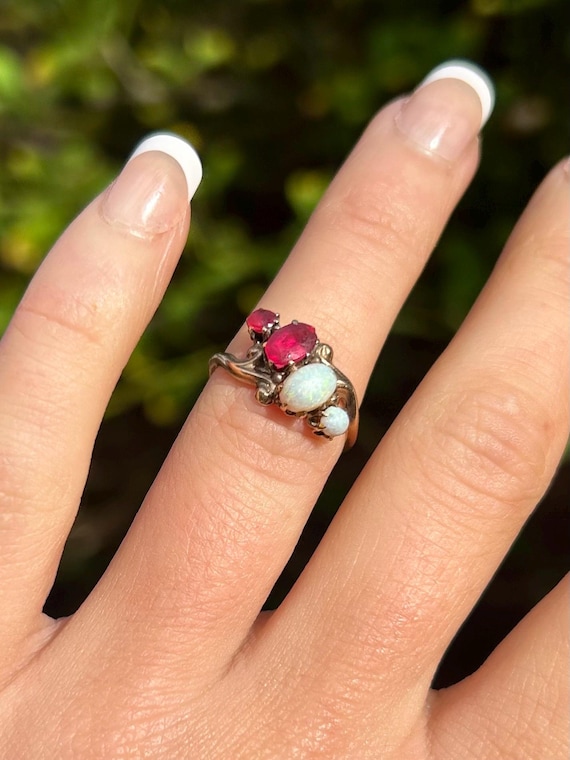Art Nouveau Oval Opal Ruby Ring in 10K Yellow Gold - image 9